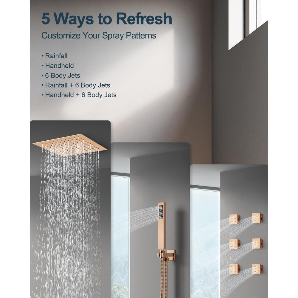 Grandjoy Rose Gold LED Ceiling Mount Shower System with Handheld and Jets