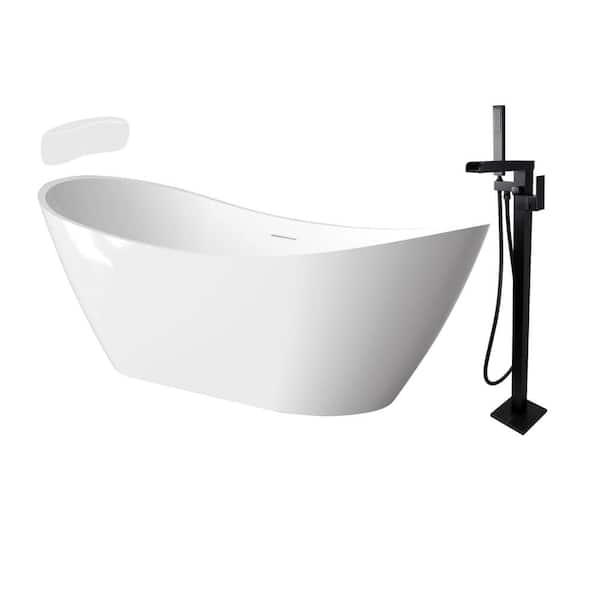 Transolid Skylar Grande 67 in. x 30.75 in. Soaking Bathtub with Center Drain in Gloss White/Matte Black with Faucet and Pillow