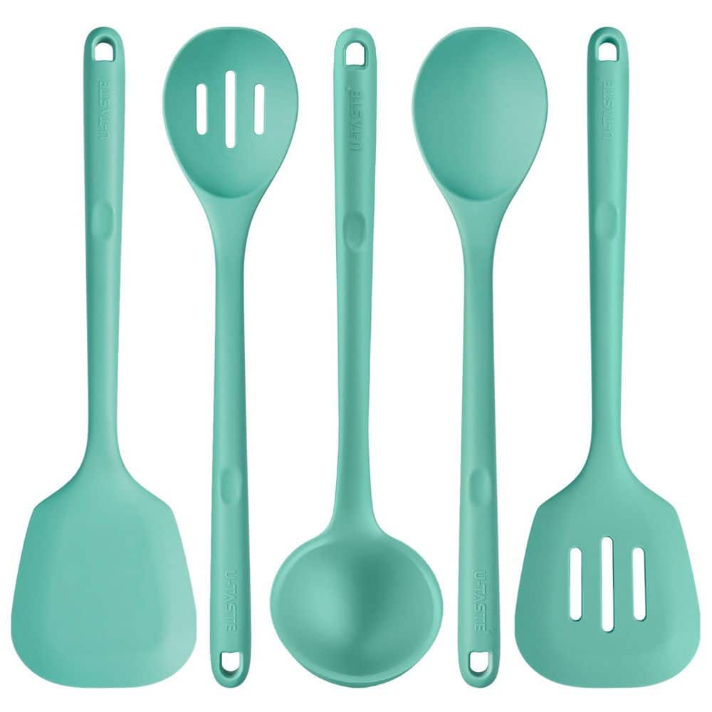 13.6 in. Aqua Silicone Kitchen Utensil Set, Non-Stick Cooking Tools with Turner, Spatula, Mixing Spoon and Soup Ladle