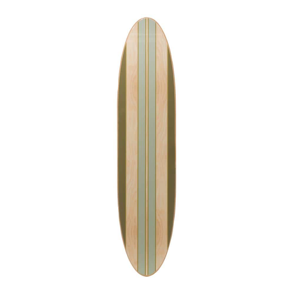 Green and Light Brown Striped Wooden Surfboard Wall Decor