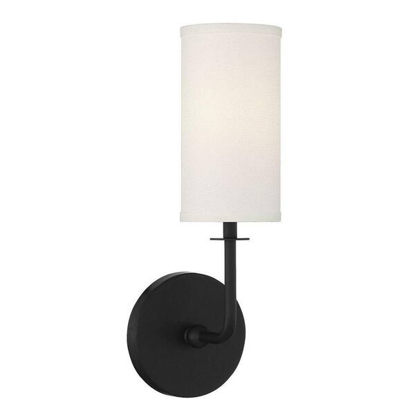 Savoy House Powell 5 in. W x 15 in. H 1-Light Matte Black Wall Sconce with Whit Fabric Cylindrical Shade