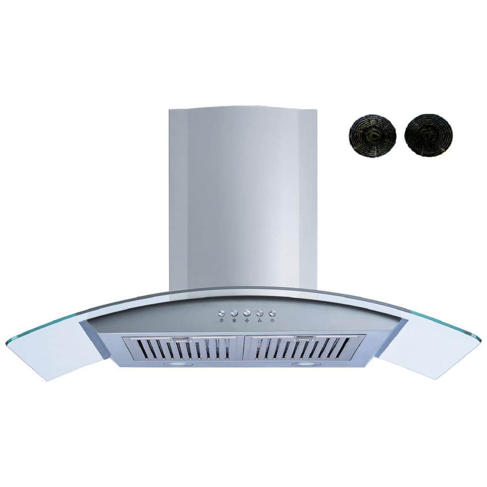 Winflo 36 in. Convertible Wall Mount Range Hood in Stainless Steel/Glass with Baffle and Charcoal Filters, Silver