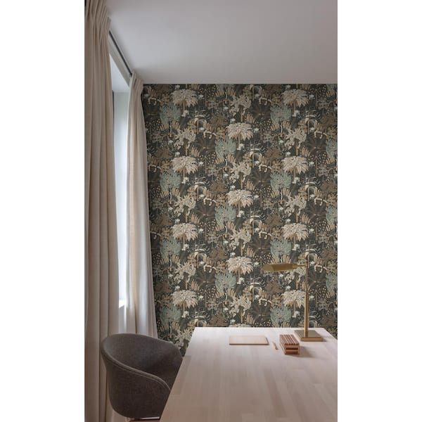 Walls Republic Black Tropical Trees Metallic Print Non-Woven Paper Non-Pasted Textured Wallpaper 57 sq. ft.