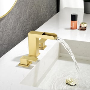 8 in. Widespread Double Handle Waterfall Bathroom Faucet with Deckplate and Drain in Brushed Gold