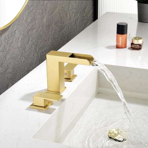 8 in. Widespread Double Handle Waterfall Bathroom Faucet with Deckplate and Drain in Brushed Gold