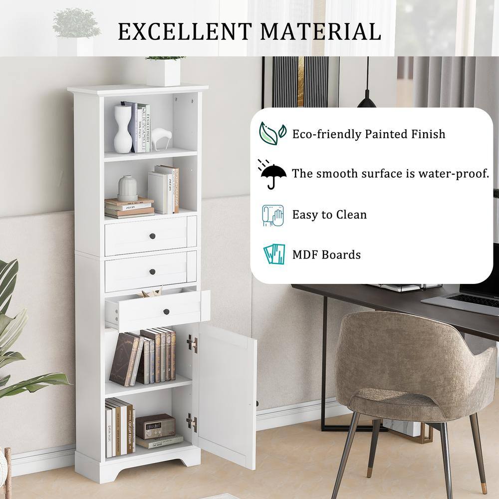 White Tall Bathroom Storage Cabinet with Adjustable Shelves and Drawers
