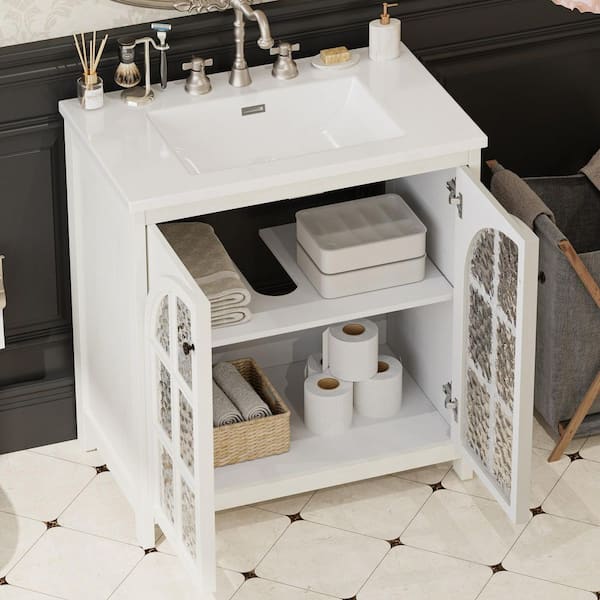 31 in. Freestanding Antique White Bath Vanity with White Ceramic Top, Glass Door Bathroom Storage Cabinet Unassembled