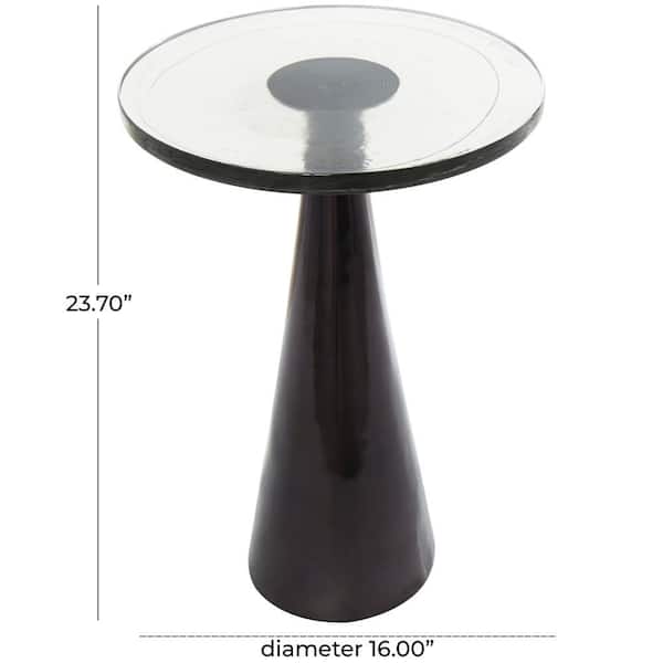 16 in. Black Cone Geometric Large Round Glass End Table with Textured Glass Tabletop
