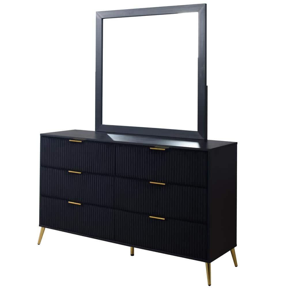 Kailani Black MDF Dresser with Mirror and Gold Accents