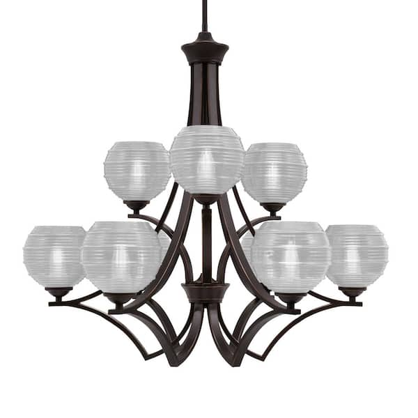 Unbranded Clevelend 9-Light Dark Granite Chandelier, Round Chandelier with 6 in. Clear Ribbed Glass Shades, No bulbs included