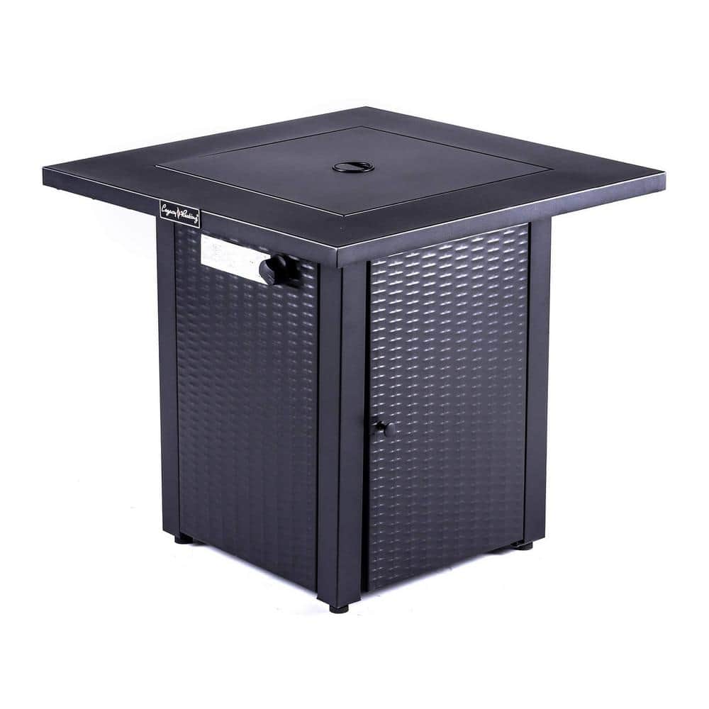 Square 28 in. Outdoor Propane Gas Fire Pit Table with Lid, Rattan and Wicker-Look, Lava Stone, with Adjustable Flame