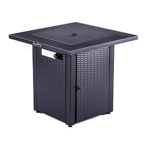Square 28 in. Outdoor Propane Gas Fire Pit Table with Lid, Rattan and Wicker-Look, Lava Stone, with Adjustable Flame