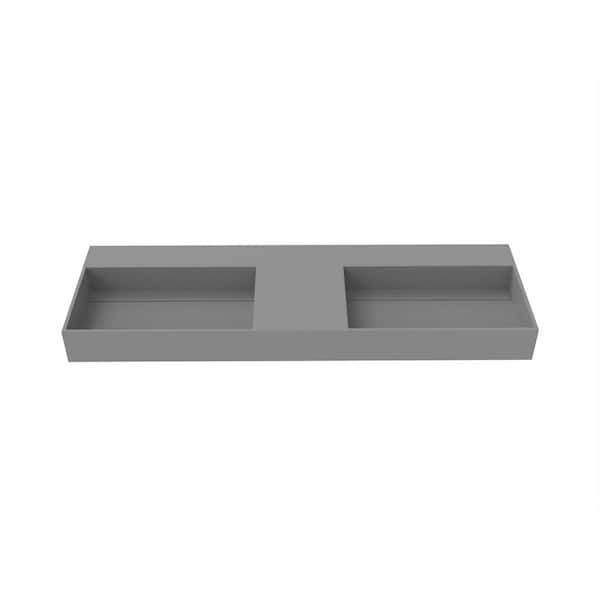 castellousa Juniper 60 in. Wall Mount Solid Surface Double-Basin Rectangle Non Vessel Bathroom Sink No Faucet Hole in Matte Gray