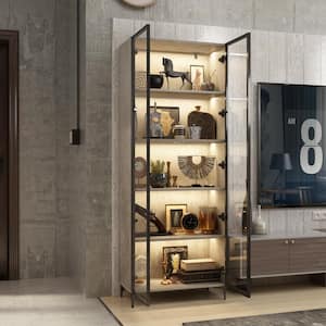 72.4 in. H Gray Wood Accent Storage Cabinet With 2-Glass Doors, Pop-Up Design, LED Lights