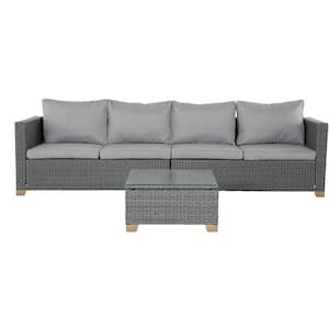 Gray 3-Piece Wicker Outdoor Sectional Set 4-Seats Sofa with Light Gray Olefin Cushions, Coffee Table for Backyard Garden