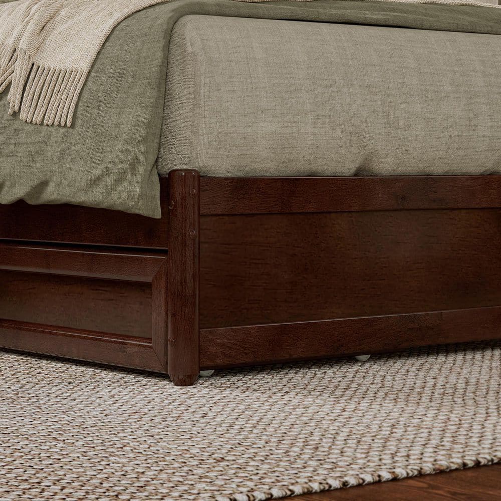 Walnut King Platform Bed with Storage Drawers and Wood Headboard