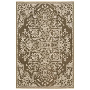 Imperial Gold/Beige 4 ft. x 6 ft. 2-Tone Center Oriental Medallion Polyester Indoor Area Rug