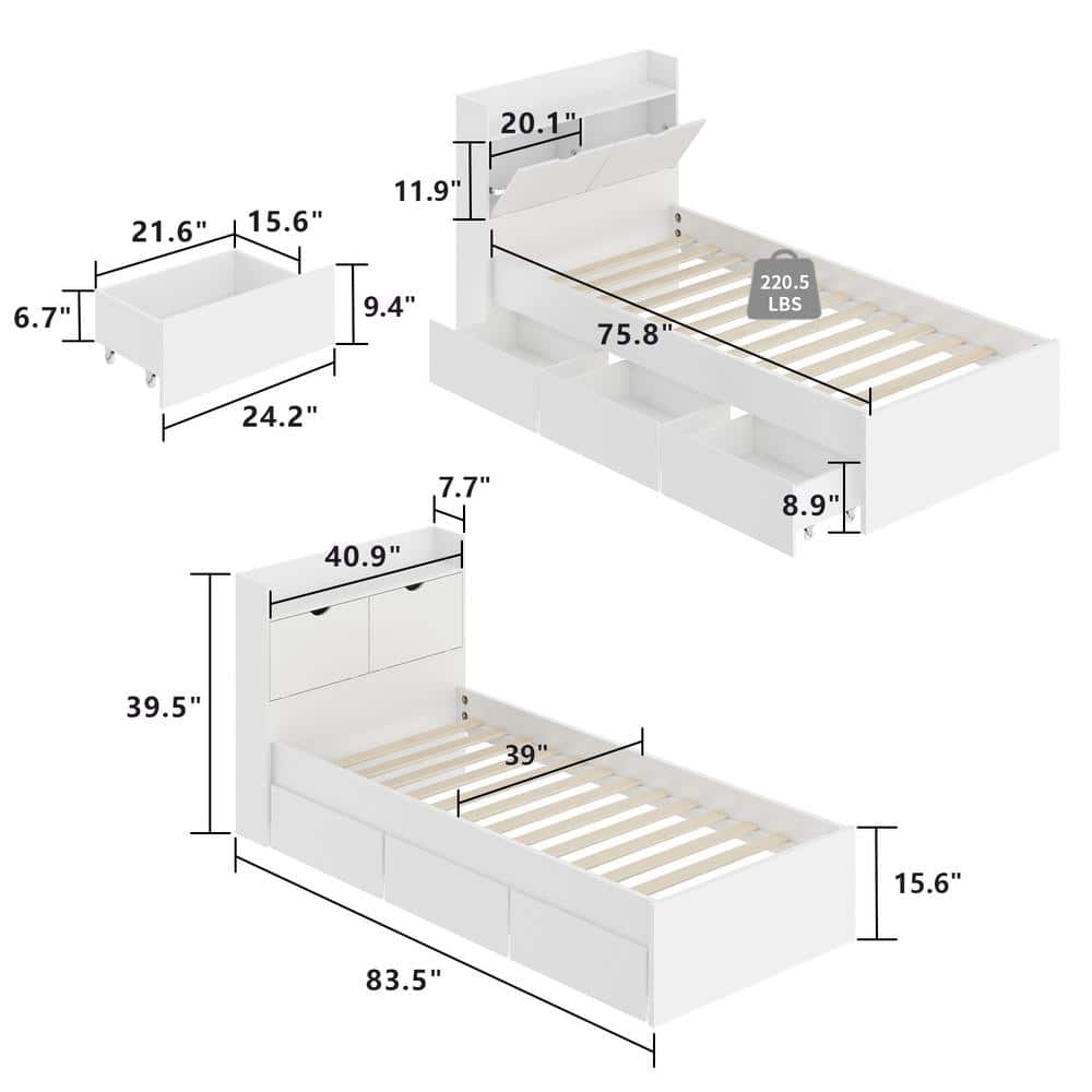 White Wood Frame Twin Bed Platform Bed Storage Bed with 3-Wheels Drawers and Headboard - thumbnail 3