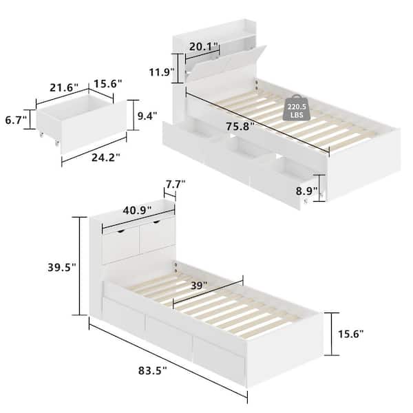 FUFU&GAGA White Wood Frame Twin Bed Platform Bed Storage Bed