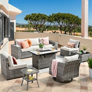 Crater Grey 9-Piece Wicker Wide Arm Outdoor Patio Conversation Sofa Set with a Rectangle Fire Pit and Beige Cushions