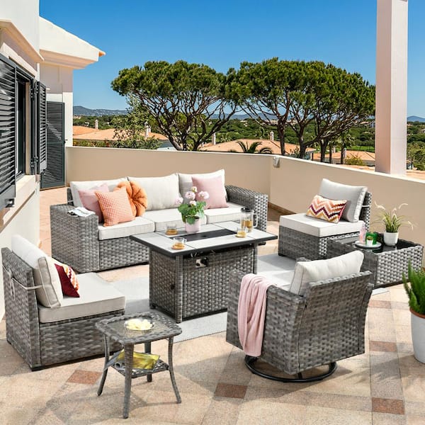 HOOOWOOO Crater Grey 9-Piece Wicker Wide Arm Outdoor Patio Conversation Sofa Set with a Rectangle Fire Pit and Beige Cushions