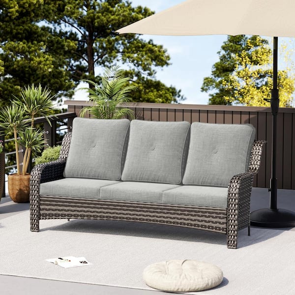 3-Seat 72 in. Wicker Outdoor Patio Sofa Sectional Couch with Gray Cushions