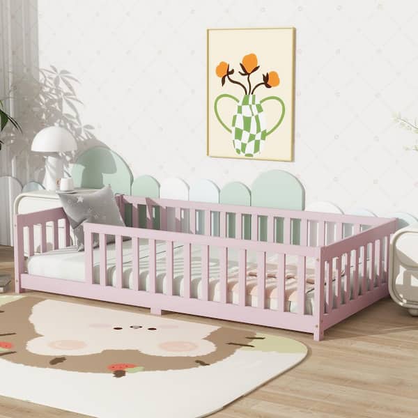 Pink Wood Twin Size Floor Platform Bed with Safety Guardrails