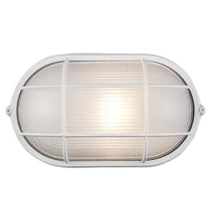 Aria 11 in. 1-Light White Oval Bulkhead Outdoor Wall Light Fixture with Ribbed Glass