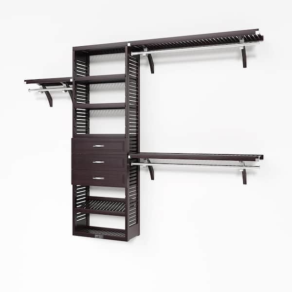 72 in. W - 120 in. W Espresso Reach in with 3 Drawers 12 in. Shelf Wood Closet System