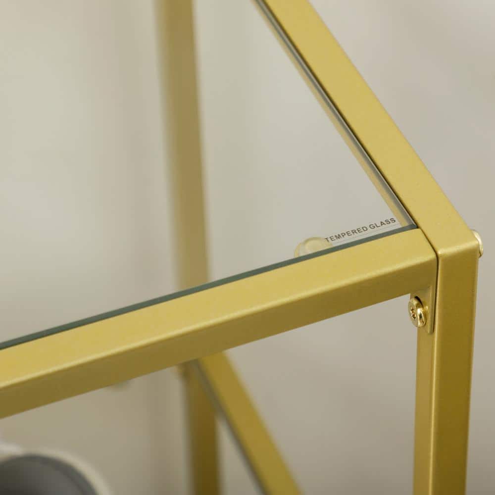 Gold Steel and Clear Glass Console Table with Storage Shelves