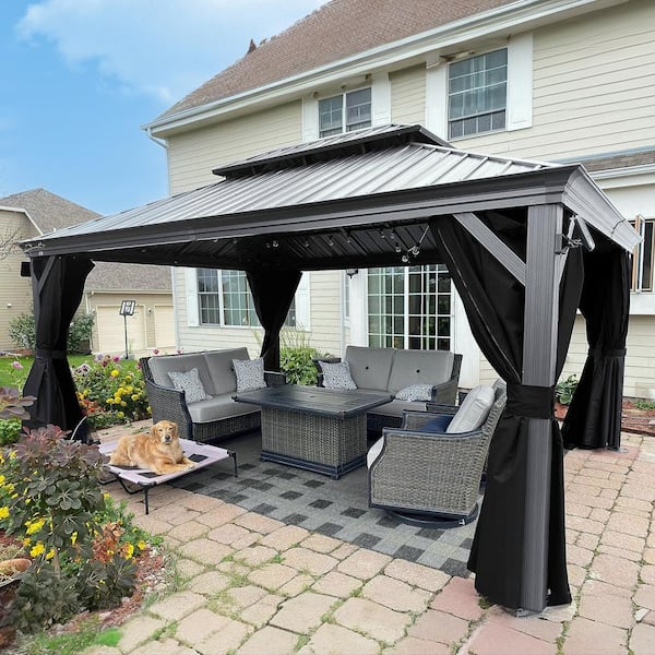 PURPLE LEAF 12 ft. x 16 ft. Light Gray Aluminum Power-Coated Frame Galvanized Steel Double Roof Hardtop Gazebo,Hooks Netting Curtain