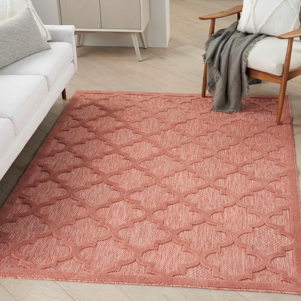 Easy Care Coral/Orange 5 ft. x 7 ft. Geometric Contemporary Indoor Outdoor Area Rug