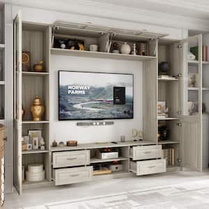 Gray Grain Wood Entertainment Center Fits TV's up to 75 in. with TV Console, Top Shelves, Bookcase, Glass Door Cabinets