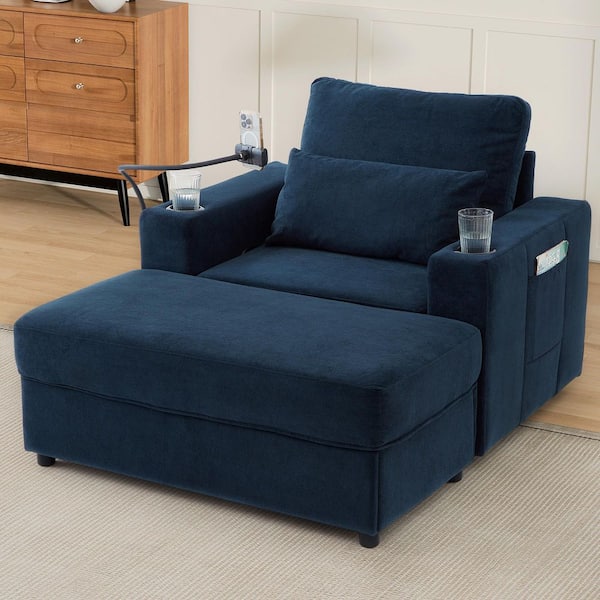 Blue Chenille Chaise Lounge Sofa with Storage Ottoman, USB Ports, Cup Holders, Phone Holder, Side Pockets