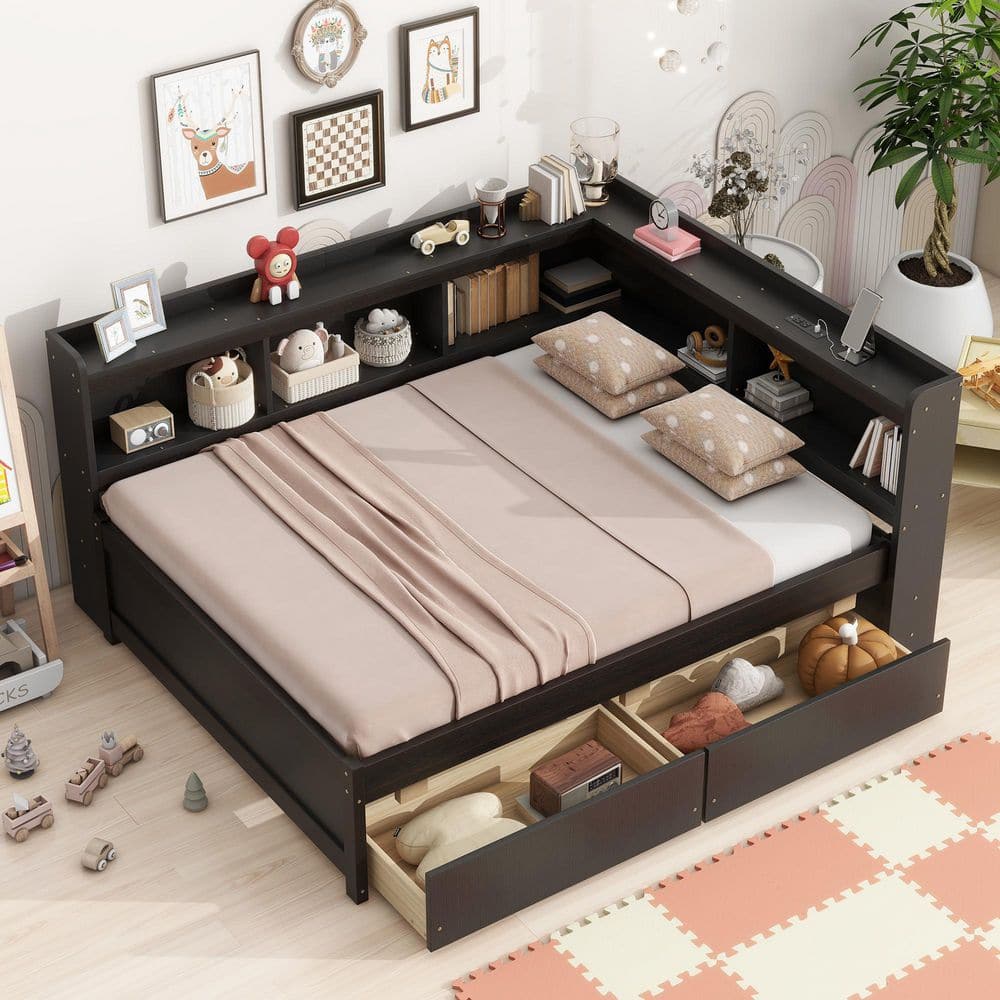 Espresso Brown Wood Frame Full Platform Bed with Power Outlets and 2-Drawers price history on PriceWatchPro
