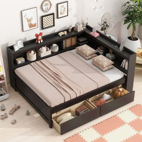 Espresso Brown Wood Frame Full Platform Bed with Power Outlets and 2-Drawers