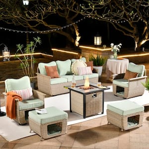 Hera 6-Piece Beige Wicker Outdoor Patio Fire Pit Seating Sofa Set with Light Green Cushions