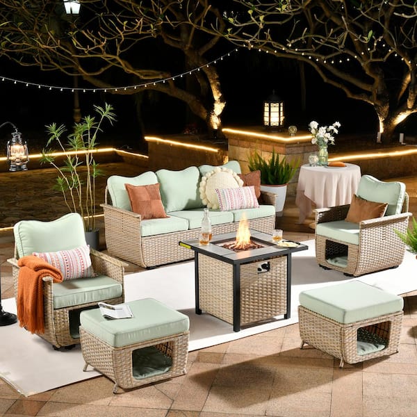 XIZZI Hera 6-Piece Beige Wicker Outdoor Patio Fire Pit Seating Sofa Set ...