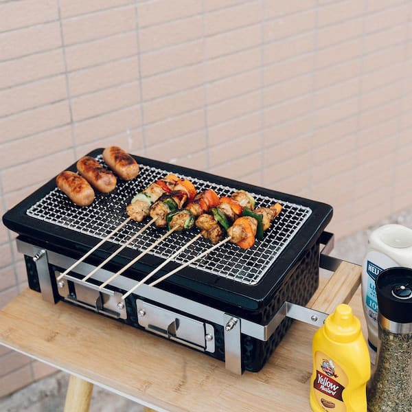 Hitechluxe Portable Charcoal Hibachi Grill in Black with Grid