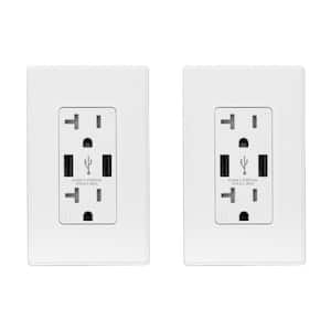 25-Watt 20 Amp Dual Type A USB Duplex Wall Outlet, Wall Plate Included, White (2-Pack)