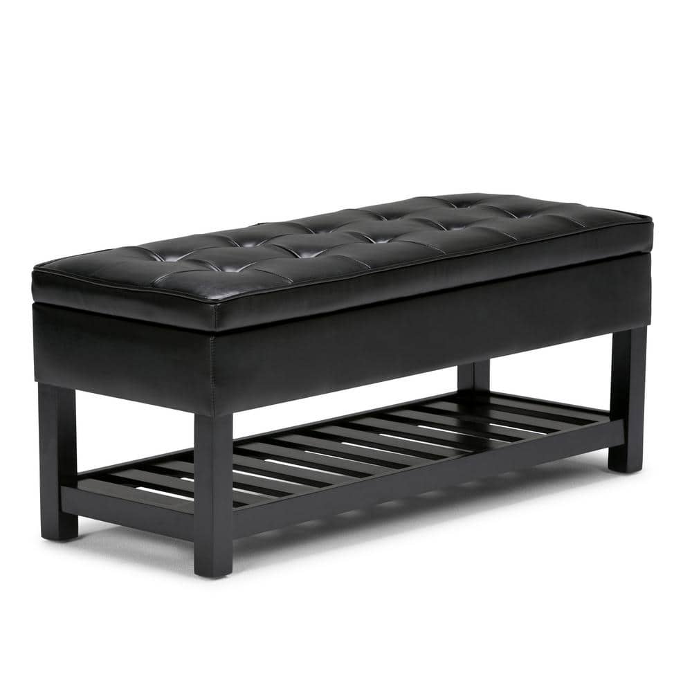Simpli Home Cosmopolitan 44 in. Wide Transitional Rectangle Storage Ottoman  Bench with Open Bottom in Midnight Black Faux Leather AXCCOS-OTTBNCH-01-BL