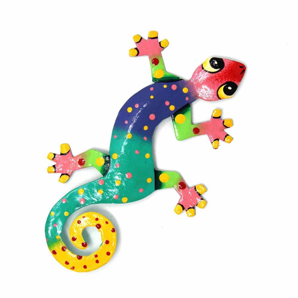 8 in. Painted Gecko Recycled Haitian Metal Wall Art Blue Greens Blue Green 