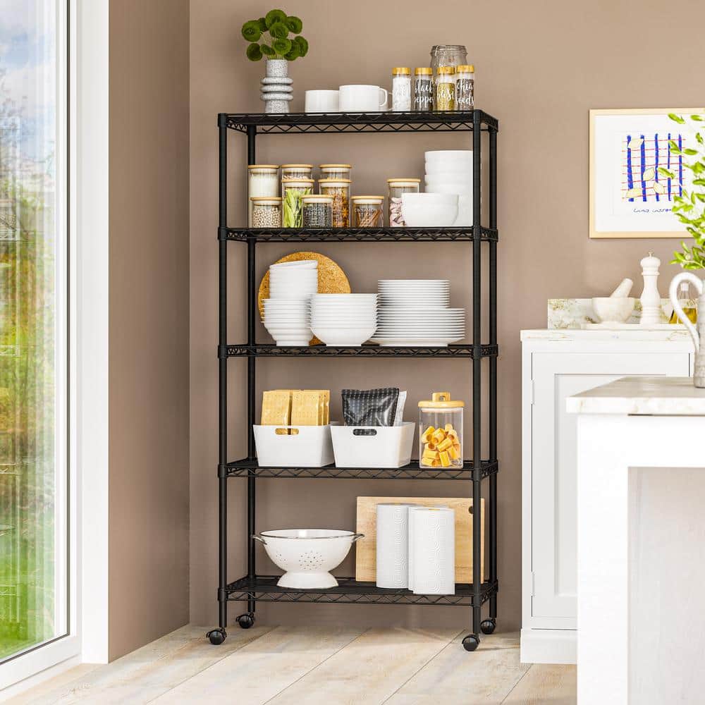 5-Tier Black Steel Wire Shelving Unit with Adjustable Shelves