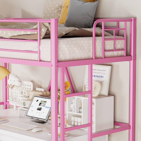 Twin Size Metal Loft Bed, Pink Heavy Duty Bed Frame with Removable Ladder, Safety Guardrail and Space-Saving Design Bed