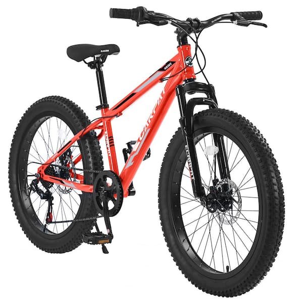 Huluwat 24 in. Red Adult Youth High Carbon Steel Frame Fat Tire Mountain Bike 7 Speeds Dual Disc Brake Front Suspension S P162618 The Home Depot