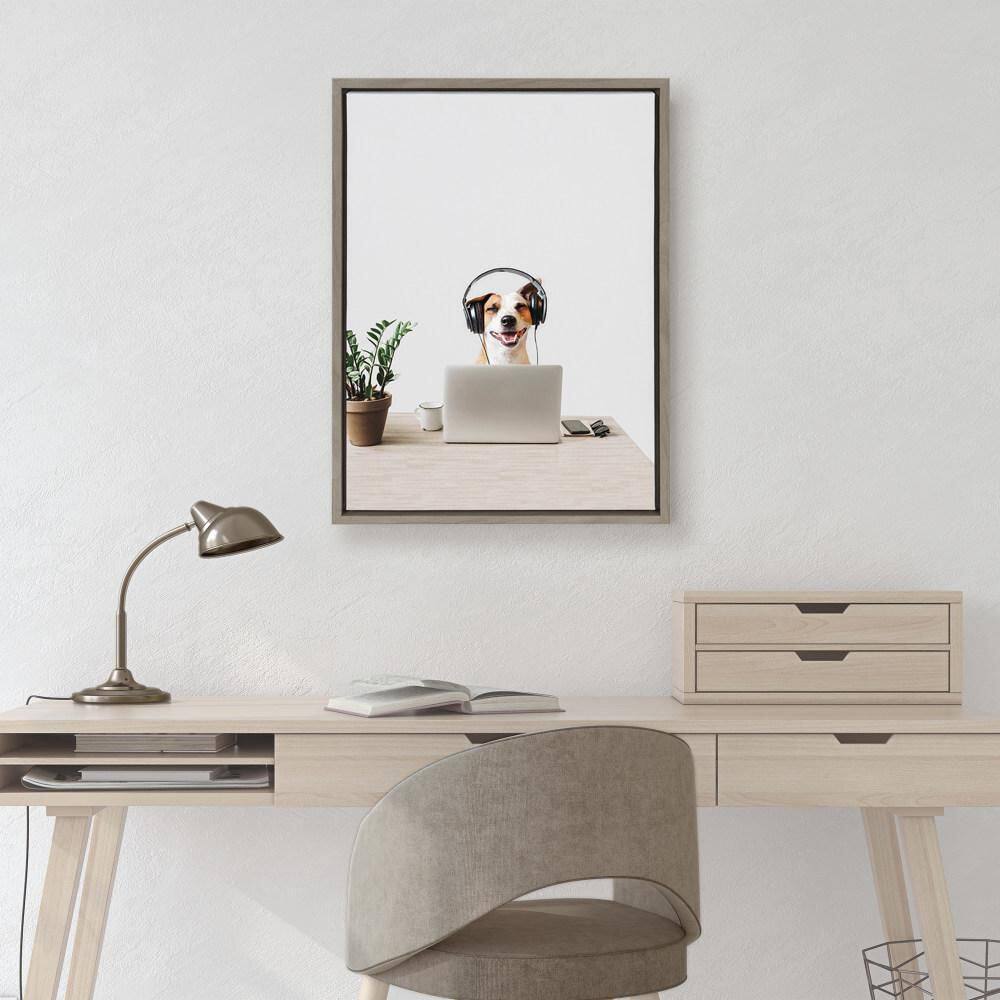 Gray Framed Whimsical Dog Canvas Wall Art