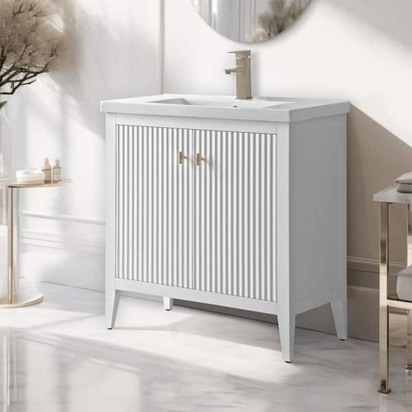 30 in. W x 18.5 in D x 34 in. H Single Sink Bathroom Vanity Cabinet in Linear White with Ceramic Top
