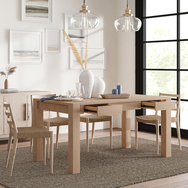 JAYDEN CREATION Idalia Natural 60"W Modern Solid Wood 4 Legs Dining Table with Divided Storage Drawer