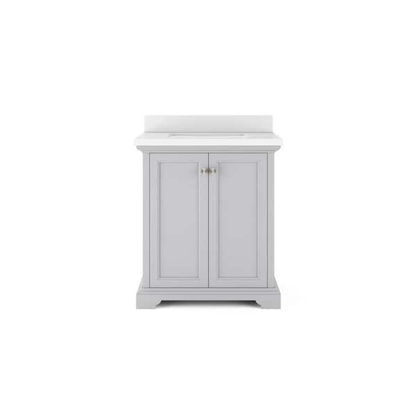 Thomasville Portage Peak 30 in. W x 20 in. D Bath Vanity in Grey with Quartz Stone Vanity Top in White with White Basin