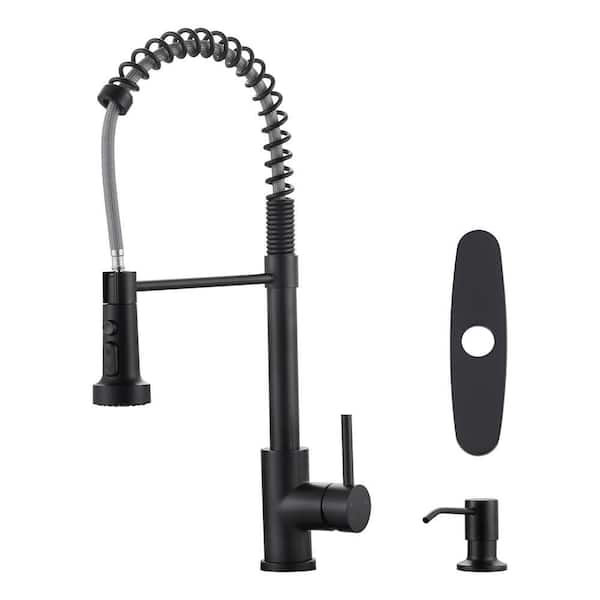 19 in. Single Handle Pull Down Sprayer Kitchen Faucet with Spring Spout and Soap Dispenser in Stainless Steel Black